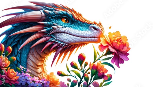 Colorful Dragon Sniffing Flowers on White Background © dragon_fang