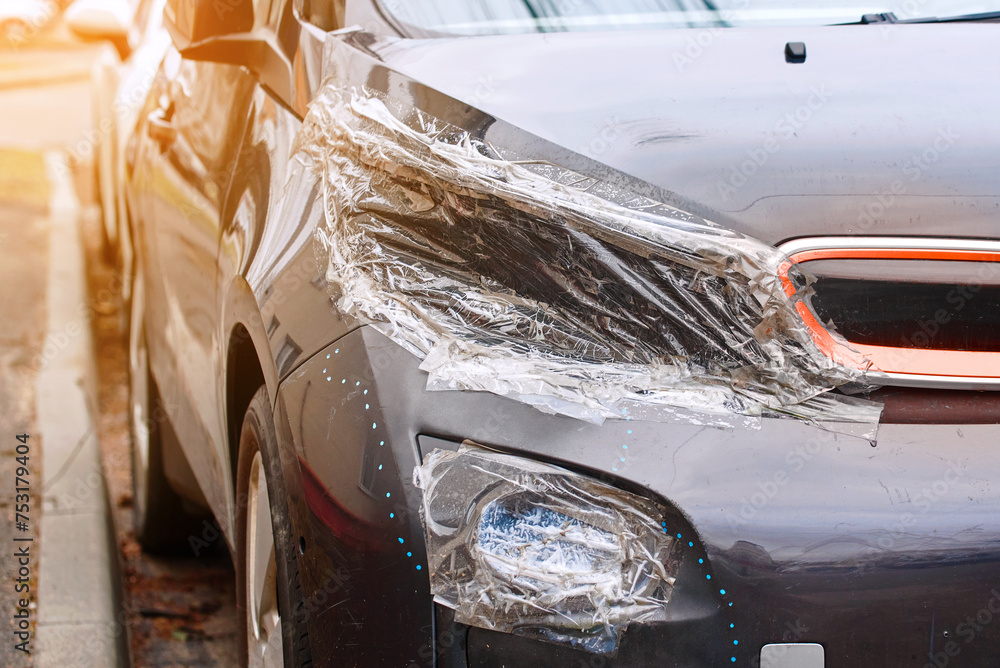 Car without headlamp and thieves stealing led headlight. Taped with ...
