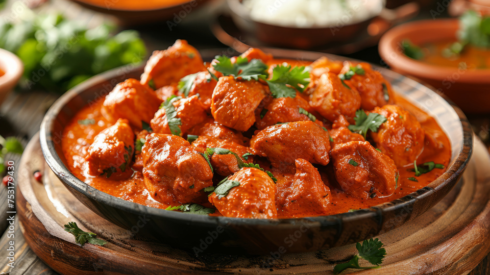 Chicken tikka masala on wooden table Chicken tikka masala on wooden table