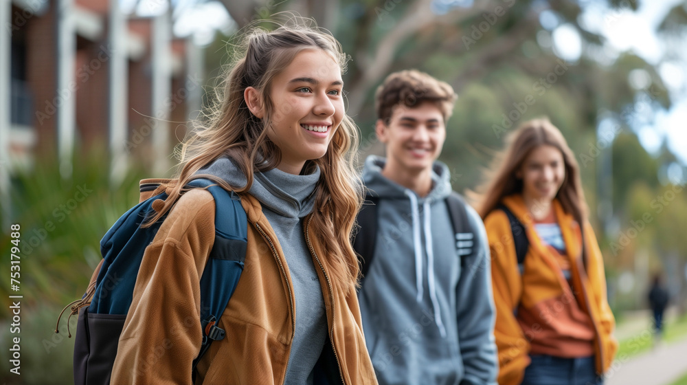Three students walking and smiling on a university campus.