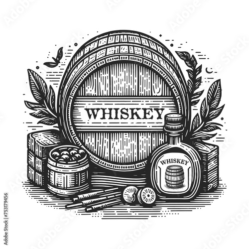 Vintage wooden barrel with whiskey or beer sketch engraving generative ai vector illustration. Scratch board imitation. Black and white image.