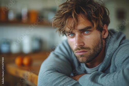 Handsome young man with a penetrating stare sitting in a contemporary kitchen