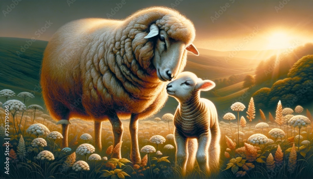 Obraz premium Sheep and Lamb in Golden Hour Light