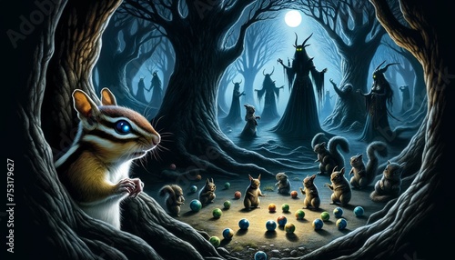 Chipmunk witnessing a mystical gathering in the forest