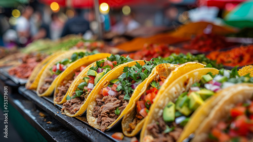 Tacos with various fillings at a market stall