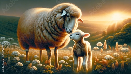 Sheep and Lamb in Golden Hour Light