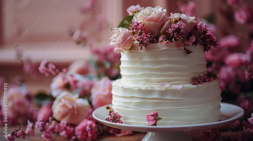 Elegant White Wedding Cake With Pink Flowers Elegant White Wedding Cake With Pink Flowers
