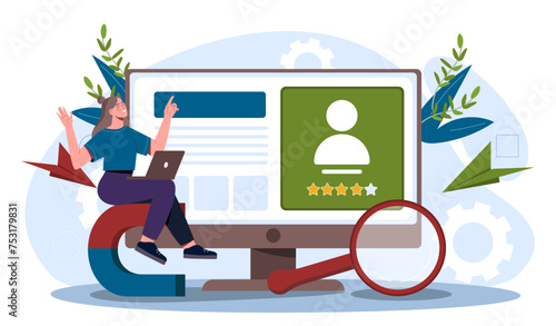 Woman with headhunting. Young girl sitting with laptop near profile of candidate and workers. Ranking and rating of employees. Recruiting to company. Cartoon flat vector illustration