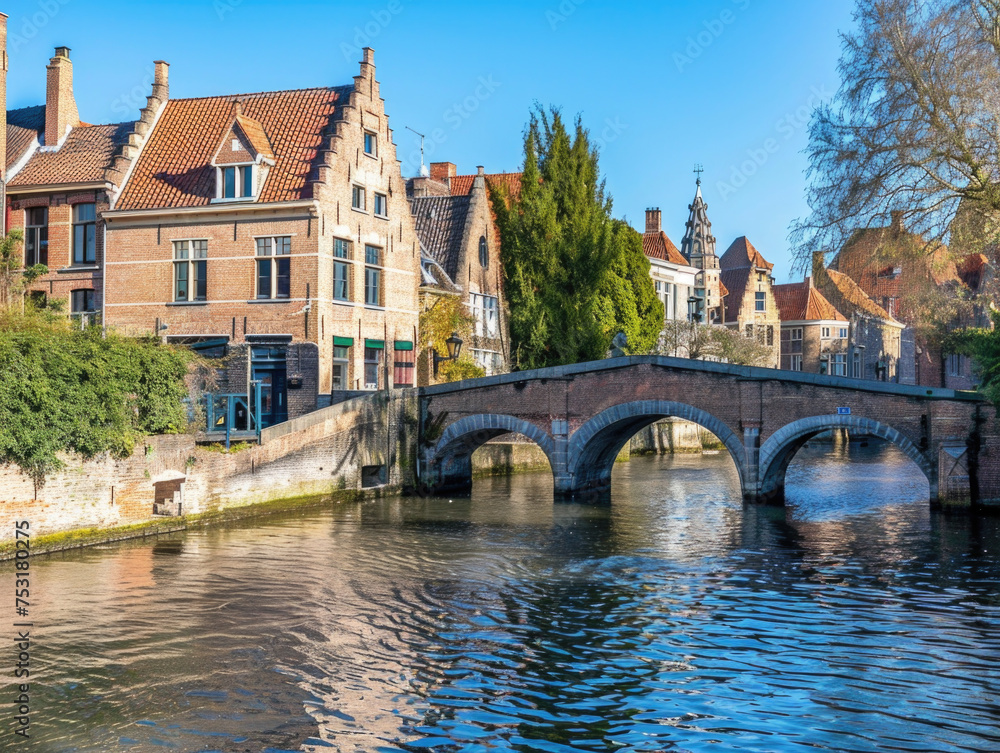 Scenic View of a Tranquil Canal with Brick Bridge in Bruges