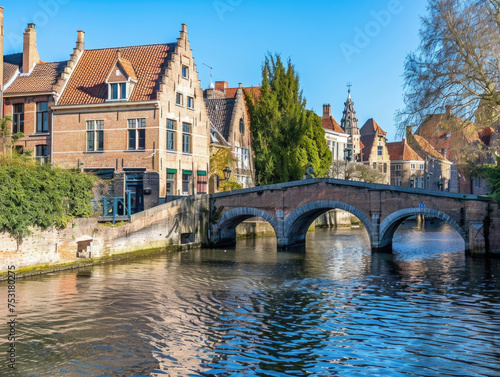Scenic View of a Tranquil Canal with Brick Bridge in Bruges