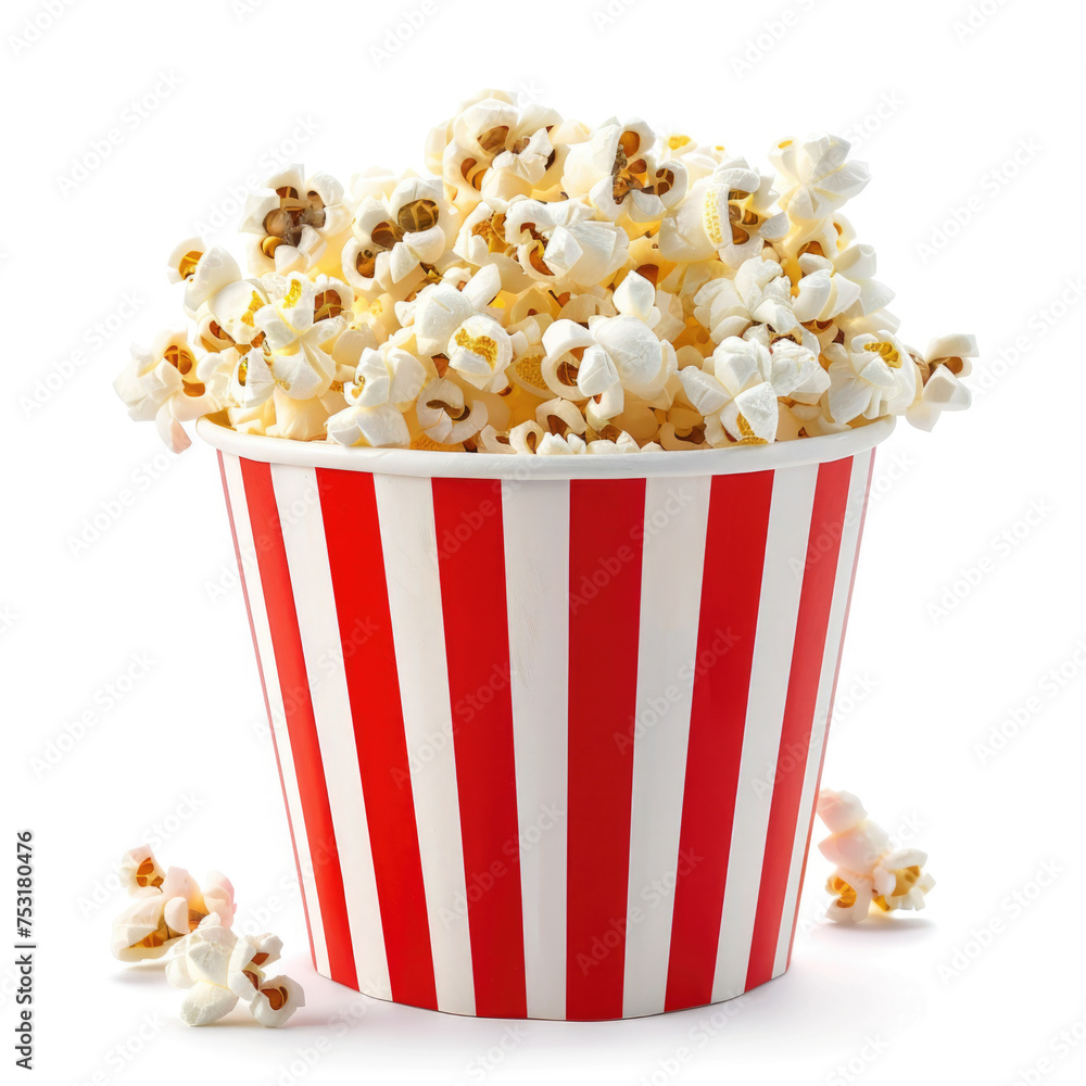 Classic Red and White Striped Popcorn Bucket Overflowing with Popcorn