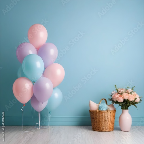 A pastel blue background decorated with balloons around it is suitable for product photos 