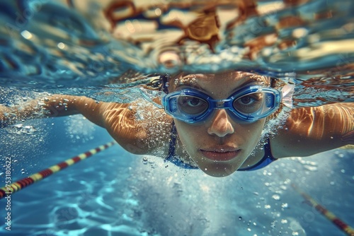 Focused Swimmer Underwater in Clear Pool During Practice