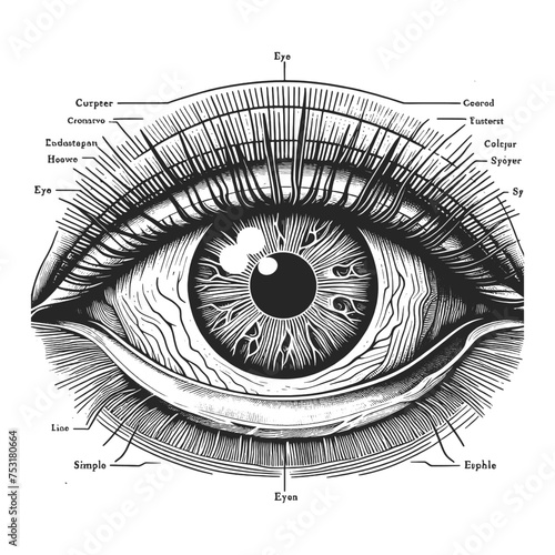 vintage human eye with overlaying diagram lines, illustrating ocular anatomy and geometry sketch engraving generative ai vector illustration. Scratch board imitation. Black and white image.