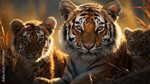 A tiger and a tiger cub in the wild