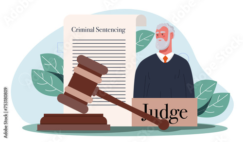 Man judge concept. Elderly person with judge gavel near contract and agreement. Legal support of deals. Laws and jurisprudence. Cartoon flat vector illustration isolated on white background