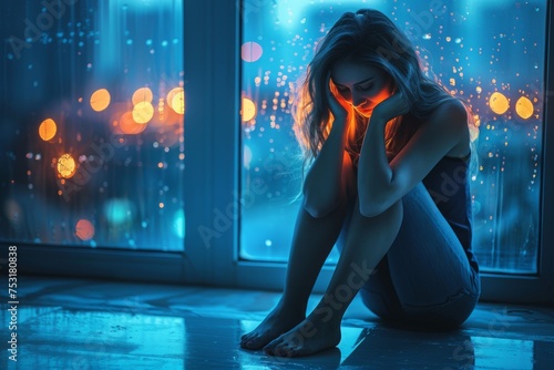 Image of an emotional upset person sitting by a window with a blue light illuminating their silhouette