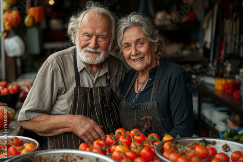 Cooking food concept. Old couple is at kitchen. Vegetable background. Selective focus. Copy space. 