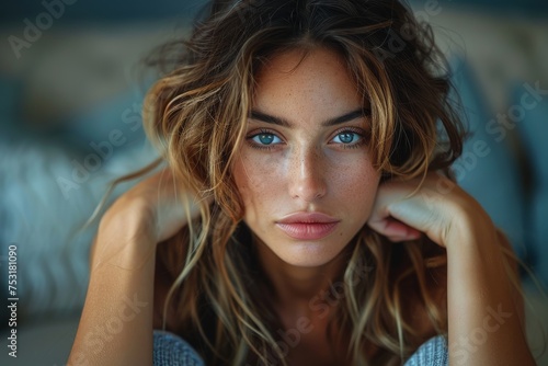 The portrait captures a woman with striking blue eyes and a captivating gaze, framed by tousled hair