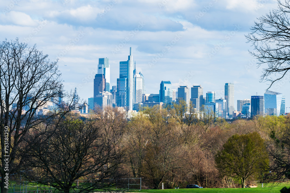 Philadelphia skyline with trees and sky
