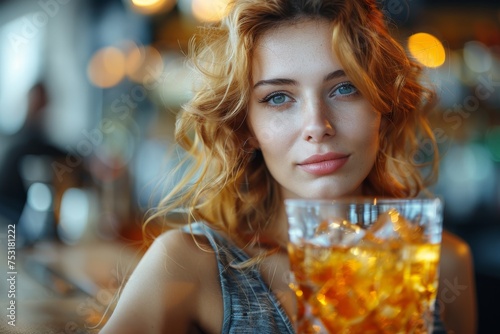 A smiling woman poses with a glass of whisky, her face partially illuminated and inviting