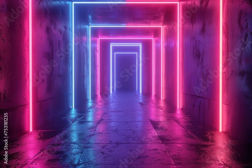 A long tunnel illuminated by neon lights  creating a colorful and futuristic ambiance. The lights cast a vibrant glow on the walls and floor  guiding the way through the tunnel