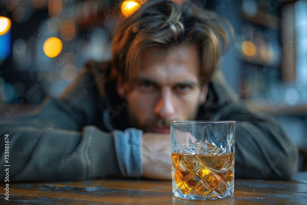 A man laying on the bar counter appears lost in thought with a glass of whiskey in front of him