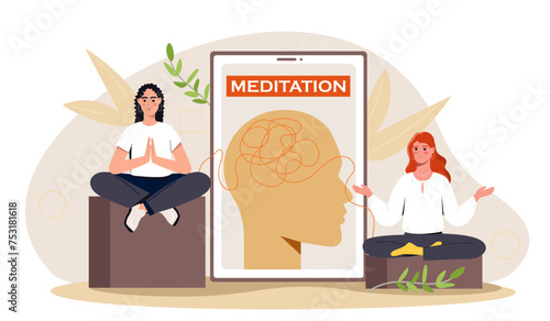 Women with meditation concept. Young girls sitting in lotus position. Stretching and active lifestyle. Fitness and sport. Awareness and mindfulness. Cartoon flat vector illustration