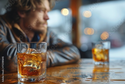 Two whiskey glasses served on a wooden bar counter, exuding a moody, stylish vibe with a person in the background