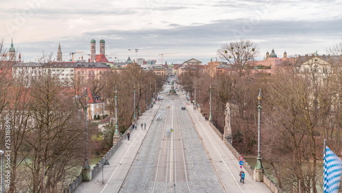 Panoramic aerial view from Maximilianeum timelapse on Maximilian Bridge and Maximilianstrasse, Munich, Germany.