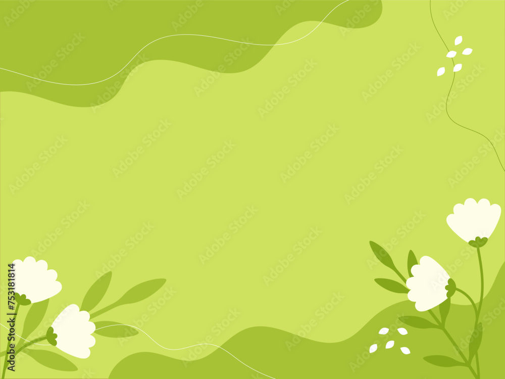 Abstract background in green colors with flowers. Hand drawn spring Template with copy space text. Modern flat vector illustration