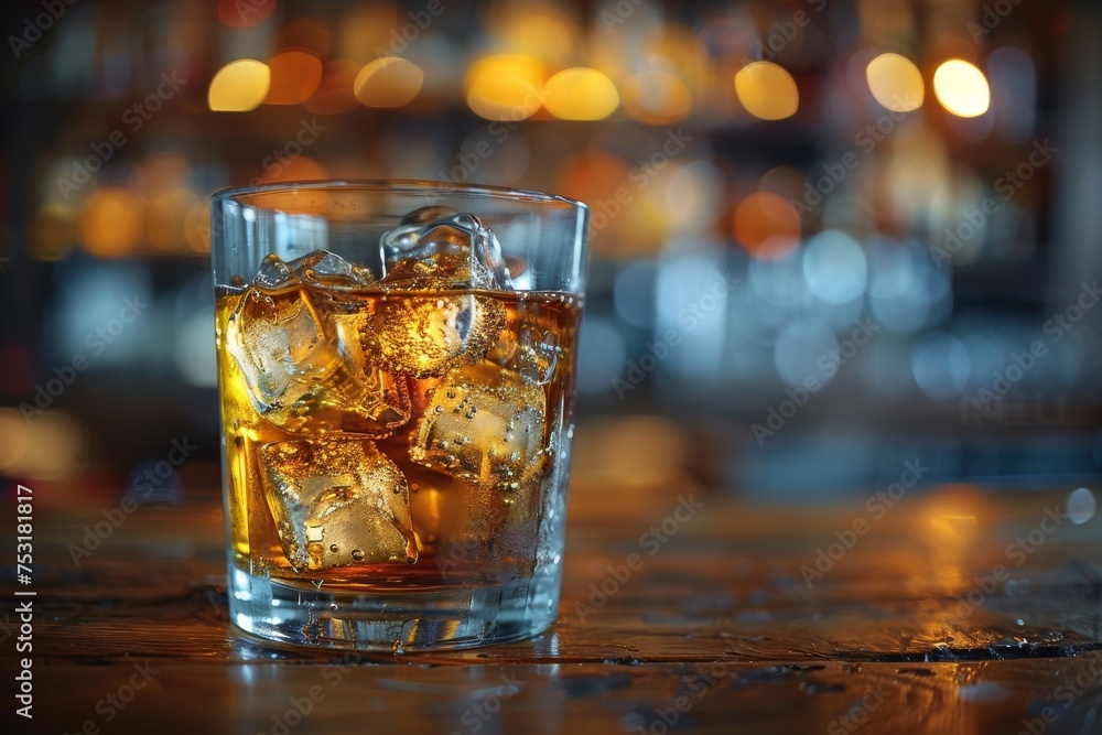 Vibrant image of whiskey, warmly illuminated, evoking a sense of festivity and good times at a bar