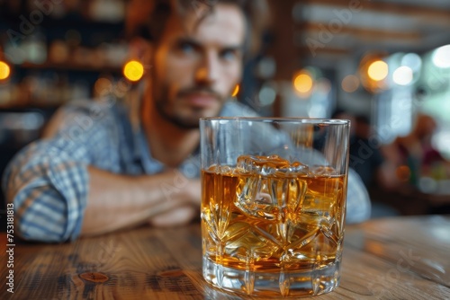 A contemplative man looks towards a sharply focused glass of whiskey on a wooden bar surface © familymedia