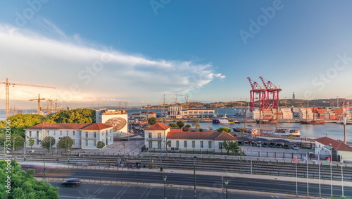 Panorama showing aerial view of the port of the city of Lisbon timelapse with the 25 of April Bridge on the background.