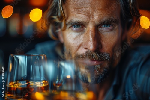 An intense gaze from a blue-eyed man, with a whiskey glass in focus and warm bar ambiance