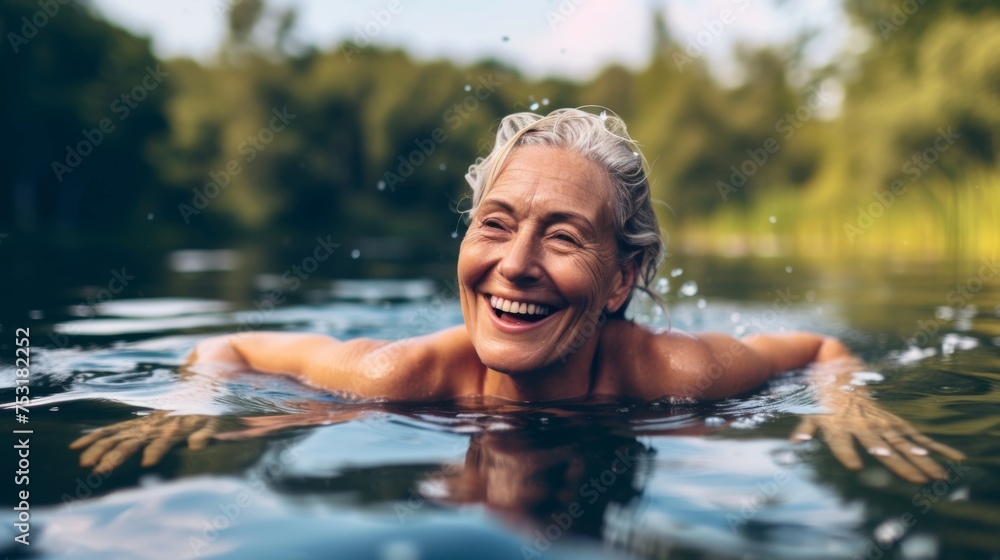 Healthy senior woman swimming in the lake or river. Happy elderly lady enjoying active summer vacation. Sportive lifestyle. Active retirement concept.