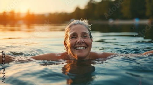 Fototapeta Naklejka Na Ścianę i Meble -  Healthy senior woman swimming in the lake or river. Happy elderly lady enjoying active summer vacation. Sportive lifestyle. Active retirement concept.