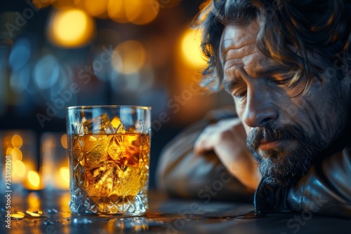 A close-up shot of whiskey poured over ice cubes, with an out-of-focus bokeh light background photo