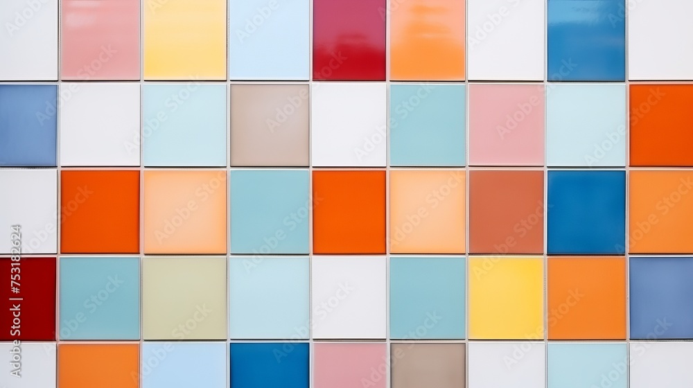 A grid square ceramic tile wall showcases colorful geometric shapes in a random pattern, embodying minimal modern post-modern bauhaus style. A grid square ceramic tile wall showcases colorful geometric shapes in a random pattern, embodying minimal modern post-modern bauhaus style.