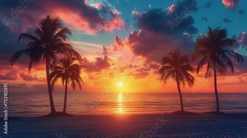 Sunset on Tropical Beach With Palm Trees © olegganko