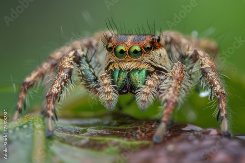 A vibrant jumping spider, detailed and colorful, amidst nature on a leaf.