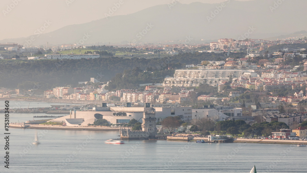 Aerial view of Belem Tower timelapse, one the most famous landmark in the city of Lisbon, Portugal.