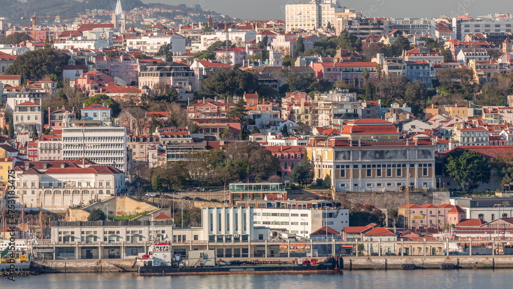 Aerial view of Lisbon with National Museum of Ancient Art near viewpoint with restaurant timelapse. Portugal