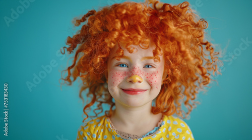 A young girl with red hair and red face paint is smiling and looking at the camera. happy and enjoying . funny red-haired curly-haired girl, April Fool, happy child, circus performer, childrens Day
