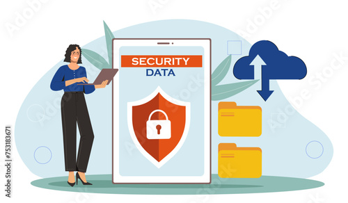 Security data concept. Woman stands with tablet near electronic storage or archive. File management and organization. Protection of personal information. Cartoon flat vector illustration