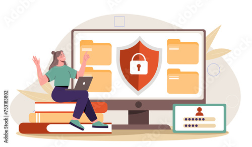 Website login password. Woman sitting at stack of books with laptop. Electronic storage and archive. Authorization and authentication. Cartoon flat vector illustration isolated on white background