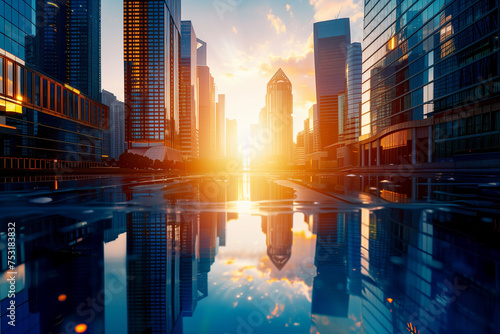 modern skyscrapers of a smart city, futuristic financial district with buildings and reflections , blue color background for corporate and business template with warm sun rays of ligh