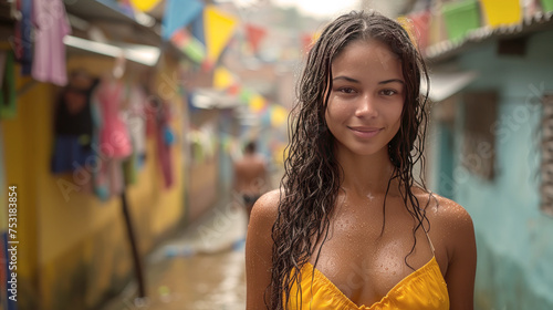 Smiling Woman in Wet Yellow Dress in Colorful Alley
