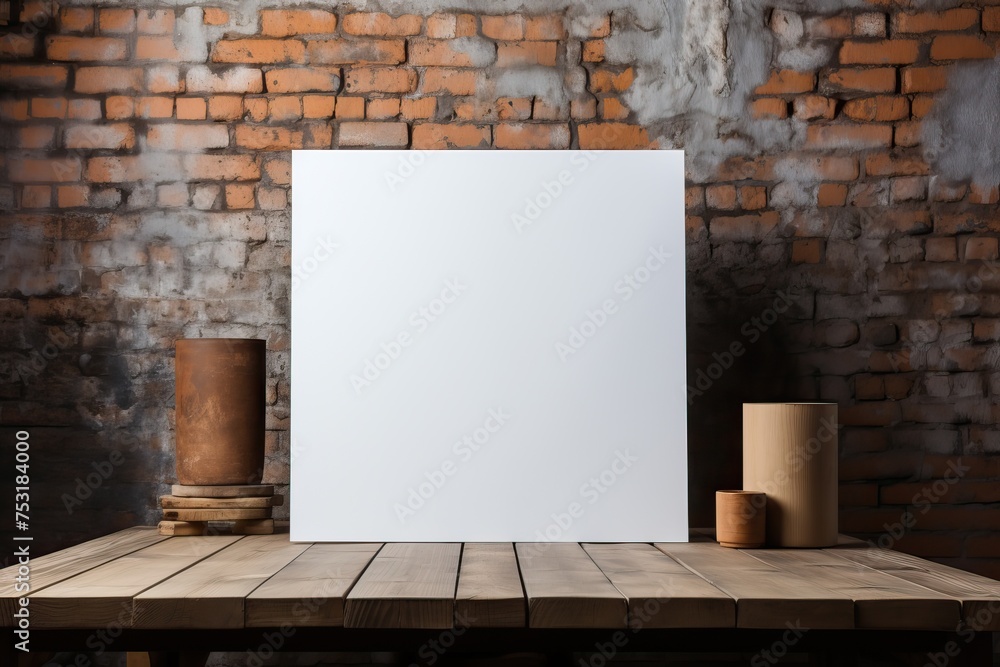 White canvas mockup on the background of a wooden wall with dried flowers in a vase. White canvas mockup on the background of a wooden wall with dried flowers in a vase.