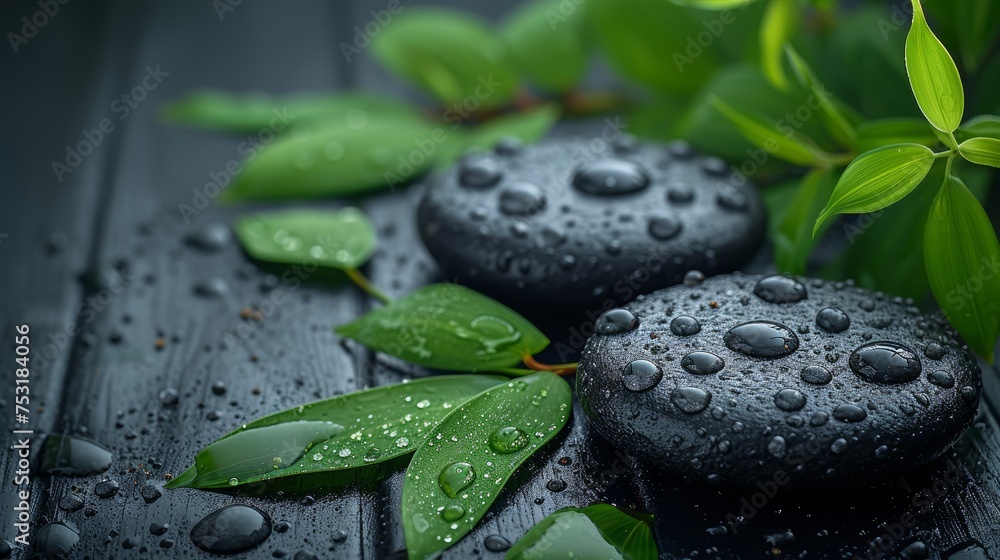 Spa Concept with Black Stones and Fresh Green Leaves - obrazy, fototapety, plakaty 